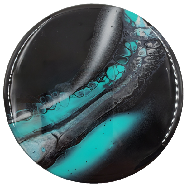 "Space Flow" Teal & Silver - Set of 4 - Round Ceramic Coaster w/ Resin Finish