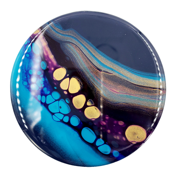 "Space Flow" Teal & Gold - Set of 4 - Round Ceramic Coaster w/ Resin Finish