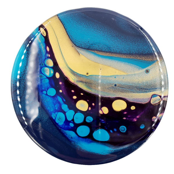 "Space Flow" Teal & Gold - Set of 4 - Round Ceramic Coaster w/ Resin Finish