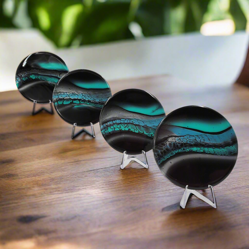 "Space Flow" Teal & Silver - Set of 4 - Round Ceramic Coaster w/ Resin Finish