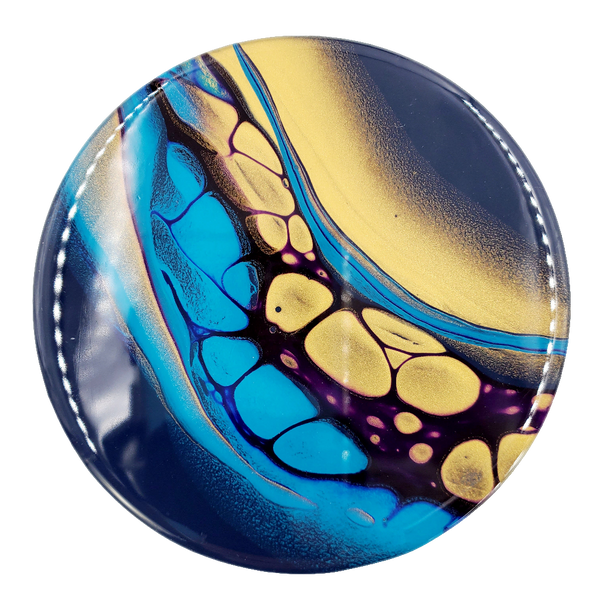 "Space Flow" Teal & Gold - Set of 4 - Round Ceramic Coaster w/ Resin Finish