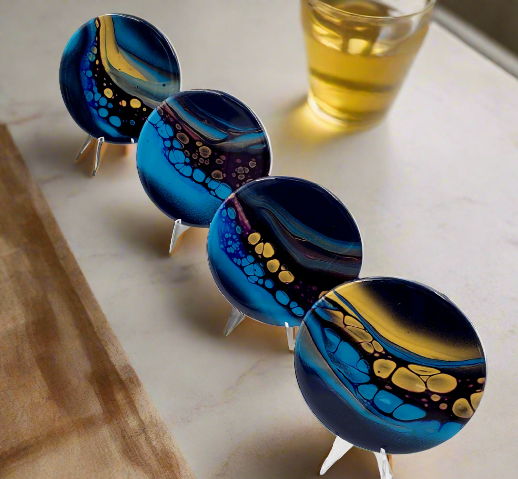 "Space Flow" Teal & Gold - Set of 4 - Round Ceramic Coaster w/ Resin Finish