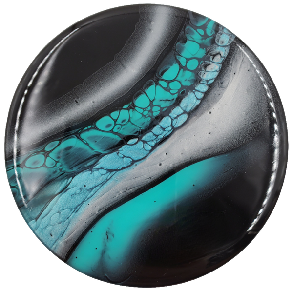 "Space Flow" Teal & Silver - Set of 4 - Round Ceramic Coaster w/ Resin Finish