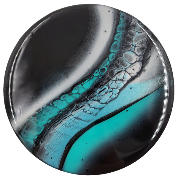 "Space Flow" Teal & Silver - Set of 4 - Round Ceramic Coaster w/ Resin Finish