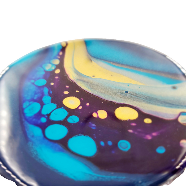 "Space Flow" Teal & Gold - Set of 4 - Round Ceramic Coaster w/ Resin Finish