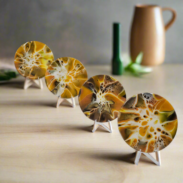 "Honeycomb" -Set of 4 - Round Ceramic Coaster w/ Resin Finish